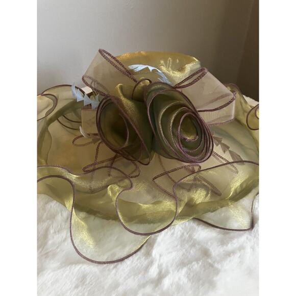 Beautiful Satin Kentucky Derby hat Church Gold Hat Fancy Formal Flower - Picture 2 of 9